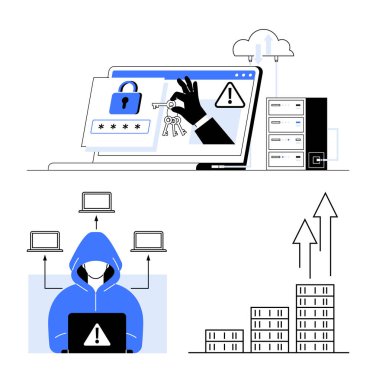 Bilgisayar ekranı hackleme alarmı, bulut sunucusu, kapüşonlu hacker ve büyüyen şehir haritaları. Siber güvenlik, veri koruması, hack önleme, bilgi güvenliği, çevrimiçi güvenlik bulutu için ideal