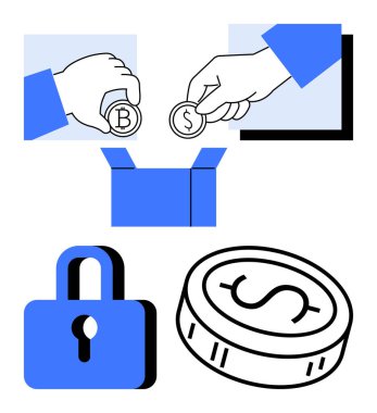 Açık bir kutunun üzerinde Bitcoin ve Dolar sikkeleri değiş tokuş eden eller, altında dolar işareti olan mavi asma kilit ve para. Finans, kripto para birimi, güvenlik, işlem, yatırım, bankacılık için ideal