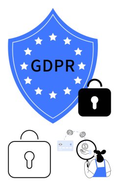 Yıldızlar, siyah ve beyaz asma kilitler ve verileri inceleyen iş kadınlarıyla çevrili GDPR etiketli mavi bir kalkan. Veri koruması, gizlilik, güvenlik, uyum, yönetmelikler, politikalar için ideal