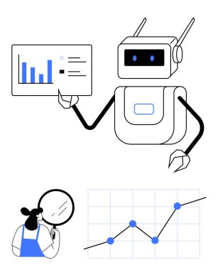 Robot ekranda veri sunuyor, kadın grafikleri büyüteçle inceliyor, çizgi grafiği eğilimleri gösteriyor. Yapay zeka, veri analizi, otomasyon, iş anlayışı, istatistik ve teknoloji için ideal