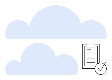 Üst üste binen iki bulut pano kontrol listesinin yanında bulut depolamasını simgeliyor. Veri yönetimi, bulut hesaplama, organizasyon, üretkenlik, görev izleme, uyum için ideal