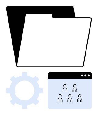 Dosya dizini simgesi, dişli ve kullanıcı yönetimi penceresi veri depolama, işbirliği ve yönetimi sembolize ediyor. Takım çalışması, organizasyon, teknoloji, iş analitiği iş akışı soyut çizgisi için ideal