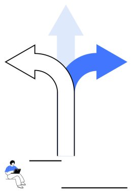 Farklı yönleri gösteren ok şeklinde üç dal ok. Dizüstü bilgisayarı olan biri. Karar verme, strateji, kişisel büyüme, navigasyon, kariyer planlaması, gelecek, soyut