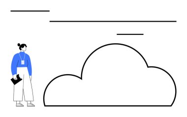 Pano tutan kadın, büyük bulut çizgisi ve yatay çizgilerin yanında duruyor. Teknoloji, bulut hesaplama, veri depolama, iş planlaması, bilişim hizmetleri, proje yönetimi, dijital