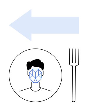İnsan yüzü çevrelenmiş, geometrik yüz tanıma kalıbı, solu gösteren büyük ok ve çatal biyometrik, yön, analiz, yapay zeka, yön bulma, karar verme ve soyut düz çizgiyi sembolize eder.