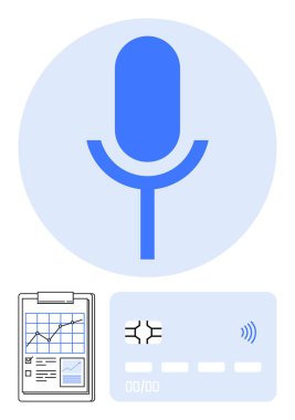 Ses teknisyeni için mikrofon sembolü, haritalı analitik pano, temassız ödeme kartı. Yapay zeka, fintech, akıllı araçlar, ses asistanı, otomasyon, yenilik soyut çizgi düz metaforu için idealdir