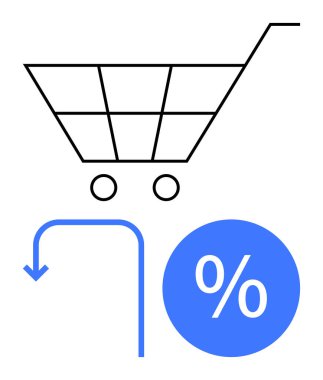 İki tekerli alışveriş arabası, mavi dairenin içinde indirimli yüzde işareti, ve aşağıya doğru eğimli ve sola doğru eğimli bir dönüş oku. Dış ticaret, alışveriş, çevrimiçi perakende, indirimler, iadeler için ideal