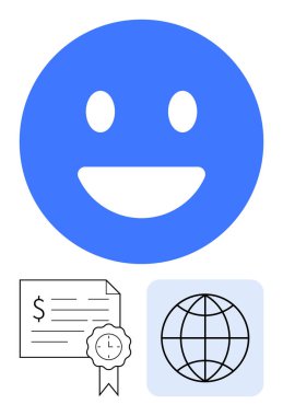 Madalyası ve dünya ikonu olan bir finans sertifikasının üstündeki mavi gülen yüz ifadesi. Mutluluk, başarı, sertifika, küresel başarı, ekonomi, eğitim, iş büyümesi için idealdir. Soyut