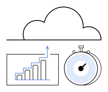 Yükselen bar tablosu ve kronometresi olan bulut veri yönetimi, verimlilik, ilerleme takibi ve zaman optimizasyonunu temsil ediyor. Teknoloji, iş, verimlilik, yenilik ve analitik için ideal
