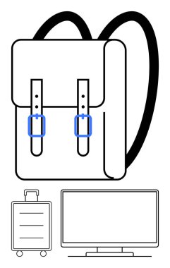 Kemer kayışlı sırt çantası, tekerlekli bavul ve temiz çizgiler ve basit tasarım ile çizilmiş bilgisayar monitörü. Seyahat, eğitim, iş, teknoloji, minimalist sanat, dijital göçebeler için ideal