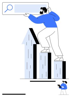 Merdivene tırmanan bir kadın arama çubuğunda parmak uçlarında, tablet kullanan daha küçük bir figür tutuyor. Analiz için ideal, iş büyümesi, hedef belirleme, başarı ölçümleri, takım çalışması, araştırma, soyut çizgi düz