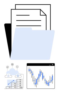 Belgeler ve klasörler bulut veri sunucusu ve borsa grafiği yükselen eğilimi gösteriyor. Veri yönetimi, iş analizi, mali izleme, depolama çözümleri, bulut hesaplama, ekonomik