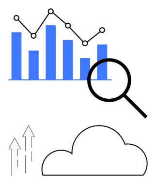 Yükselen veri eğilimli bar tablosu, analizi vurgulayan büyüteç, yukarı bakan oklar ve veri depolamayı sembolize eden bulut. İş analitiği, istatistik, veri eğilimleri, finans, büyüme için ideal