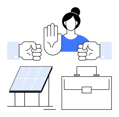 Dur işareti için el kaldıran kadın figürü, baş parmaklar aşağı eller, güneş paneli ve evrak çantası. Sürdürülebilirlik için ideal, etik kararlar, işyeri dinamikleri, kariyer seçimleri, yenilenebilir enerji