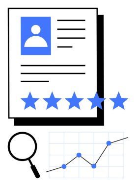 Beş yıldızlı profil, büyüteç ve görsel veri grafiği çizelgesi. İşe alım, İK süreçleri, analitik, performans değerlendirmesi, kariyer büyümesi, veri içgörüleri soyut