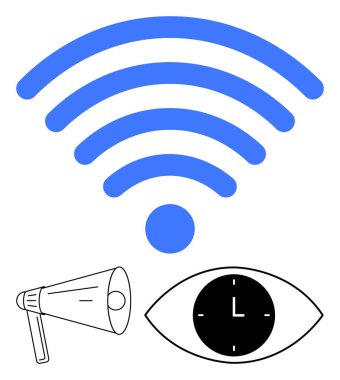Kablosuz sembol, megafon ve saat ile göz bağlantı, iletişim ve zaman farkındalığını temsil ediyor. Teknoloji, pazarlama, medya, gözetim İnternet erişim zamanı yönetimi için ideal