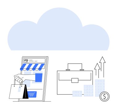 Alışveriş çantaları, iş çantası, bar grafikleri ve yükselen oklarla e-ticaret sitesini gösteren mobil cihaz. Büyüme, ticaret, finans, teknoloji, e-ticaret bulut hesaplaması için ideal