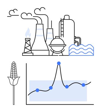 Tütsülenmiş mısır fabrikası, stilize edilmiş mısır ve veri noktaları olan doğrusal grafik. Sanayi üretimi, sürdürülebilirlik, tarım teknolojisi, veri analizi, çevresel etki, üretim için ideal