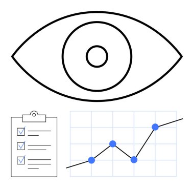 Kontrol listesi olan göz sembolü ve gözlem ve analizi gösteren çizgi grafiği. İlerleme izleme, performans izleme, veri analizi, analitik, üretkenlik, anketler, soyut düz çizgi için ideal