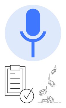 Mavi çemberdeki mikrofon simgesi, işaretli kontrol listesi, bozuk paralar sırayla düşüyor. Üretkenlik, ses kaydı, görev takibi, mali planlama, bütçe, dijital araçlar için ideal soyut