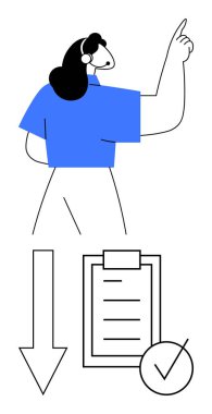 Kulaklık takan kadın yukarı doğru hareketler yapıyor. Aşağıda, bir pano kontrol listesi, aşağı doğru ok ve kontrol işareti görev tamamlamayı, iş akışı verimliliğini ve ilerlemeyi simgeler. Takım çalışması ve proje için ideal