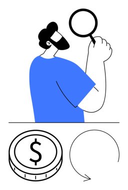 Elinde büyüteç tutan adam detaylara odaklanıyor. Para finans ve değeri temsil eder, konuşma balonu tartışmayı ifade eder. İş, finans, değerlendirme, araştırma, fikir iletişimi için ideal