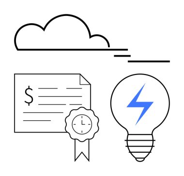 Bulut hesaplama sembolü, mühürlü bir mali sertifika ve mavi yıldırımlı bir ampul. Yenilik, verimlilik, dijital dönüşüm ve finansal başarı kavramları için ideal