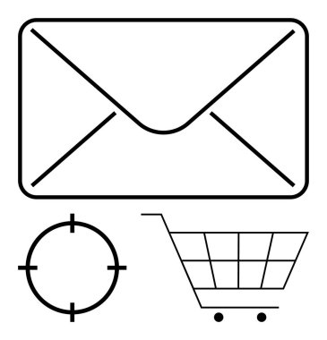 Hedef ve alışveriş arabası sembolünün üzerindeki zarf simgesi. E-posta pazarlama, ecommerce, çevrimiçi alışveriş, dijital iletişim, iş stratejisi, reklamcılık, bültenler için ideal. Satır metaforu