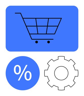Mavi dikdörtgendeki alışveriş arabası e-ticareti, yüzde sembolü indirimleri ve vites simgesi de ayarları temsil ediyor. Çevrimiçi alışveriş, pazarlama, satış stratejileri ve yapılandırma için ideal