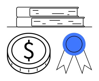 Kitaplar, dolar parası ve mavi ödül kurdelesi bilgiyi, başarıyı ve tanınmayı sembolize eder. Eğitim finansmanı, akademik hedefler, başarılar, öğrenme değeri sertifikası için ideal