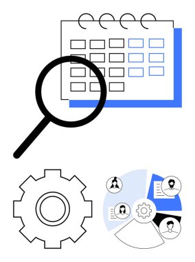 Takvim üzerinde büyüteç, vites sembolize etme süreci, takım simgeleriyle pasta grafiği. Üretkenlik, proje planlaması, takvim, takım çalışması, işbirliği, organizasyon iş akışı kavramları için ideal