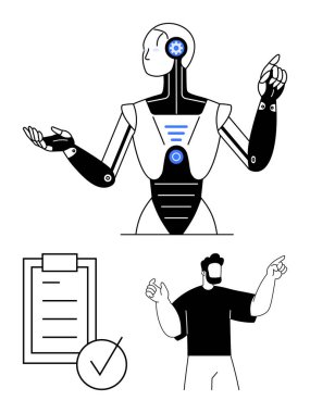 Robot hareketler bir kontrol listesi ve işbirliğini, görevleri ve insan-yapay zeka etkileşimini temsil eden bir adamın yanında. Yapay zeka, takım çalışması, otomasyon, kararlar, teknoloji öğrenimi için ideal