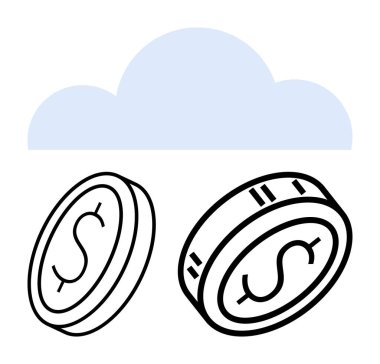 Mavi buluttan düşen iki dolarlık madeni paralar dijital tasarrufları, yatırım büyümesini ve ekonomik güvenliği temsil ediyor. Finansal istikrar, çevrimiçi bankacılık, fintech, yatırım platformları için ideal