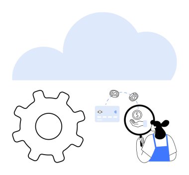 Büyük bulut, teçhizat, büyüteç, kredi kartı, para sembolleri olan kişi. Fintech, veri güvenliği, bulut bilgisayarı, dijital ödemeler için idealdir.