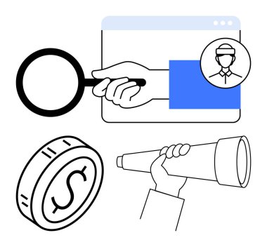 Büyüteç, teleskop, kullanıcı profili ve dolar sikkesi ile el ele vererek keşif, analiz, kullanıcı keşfi, adam toplama, finansal planlama iş stratejisi yeniliği. İdeal