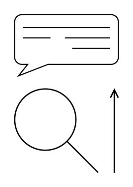 Konuşma baloncuğu büyüteç yukarı ok. İletişim, keşif, büyüme, ilerleme, keşif, berraklık, motivasyon çizgisi metaforu için ideal