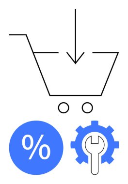 Aşağı bakan oklu alışveriş arabası, mavi yüzde işareti, içinde İngiliz anahtarı olan mavi dişli. Çevrimiçi alışveriş, indirimler, kişiselleştirme, e-ticaret, satış, teknik destek sitesi için ideal