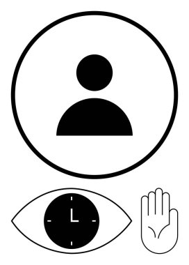 Daire içinde bir insan silueti, bir göz içinde bir saat ve açık bir el. Kimlik, odak, zaman yönetimi, üretkenlik, etkileşim, kişisel büyüme soyut çizgisi düz metaforu için ideal