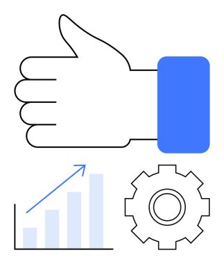 Yükselen bir çubuk grafik ve vites simgesinin yanında büyük baş parmak işareti. Ticari büyüme, başarı, strateji, analitik, takım çalışması, üretkenlik, yenilik, soyut düz metafor için ideal