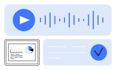 Mavi ve beyaz dijital arayüz ses çalma, ses dalgası, veri grafiği, metin bloğu ve işaretleme işaretlerini birleştirir. Medya uygulamaları, sunumlar, öğrenme araçları, görev yönetimi verimlilik uygulamaları için ideal