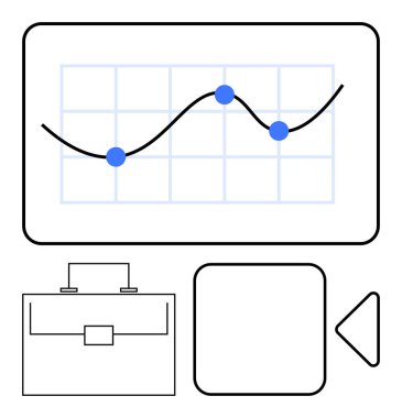 Veri analizini, uzaktan çalışmayı, eğilimleri ve dijital iletişimi öneren şebeke, evrak çantası ve video oynatıcı sembolleri içeren çizgi grafiği. İş, pazarlama ve analitik planlama için ideal