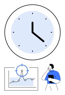 Büyük saat, odaklanan adamın grafiği odaklanan bir hedefle vurgular, planlama, verimlilik ve başarıyı sembolize eder. Üretkenlik, ticaret, analiz, hedefler, zaman yönetimi verimliliği için ideal