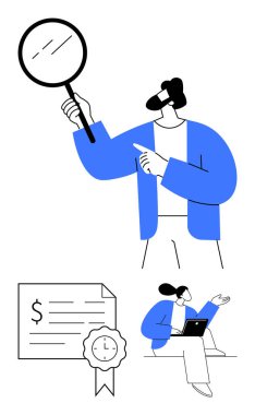 Elinde büyüteç tutan kişi inceleme belgesi mühürlü sertifika ve dizüstü bilgisayar kullanan biri. İş analizi, sertifika, işbirliği, çevrimiçi çalışma, araştırma, belge incelemesi için ideal