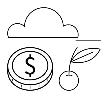 Dolar işaretli sikke, yapraklı kiraz ve minimalist çizgi sanatında kabarık bulut. Finans, sürdürülebilirlik, tarım, tasarruf, yenilik, çevresel etki çizgisi için ideal