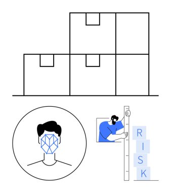Lojistik için saklanmış kutular, tanımlama için biyometrik şebeke ile yüz yüze ve RISK yazım bloklarını ölçen kişi. Arz zinciri, güvenlik, yapay zeka, risk değerlendirmesi, lojistik ve planlama için ideal