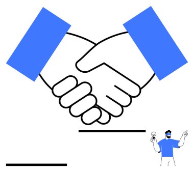 Ortaklığı, takım çalışmasını, yeniliği, başarıyı ve işbirliğini sembolize eden parlak bir ampul tutan bir kişinin el sıkışması. İş için ideal, yaratıcılık, problem çözme