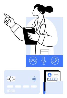 Kadın doktor jesti, not panosu, arama ikonları, kredi kartı ve tıbbi kayıtlar. Teletıp, sağlık uygulamaları, çevrimiçi ödemeler, modern klinikler için ideal dijital araçlar
