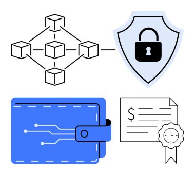 Kilit simgesi, mavi dijital cüzdanı ve sertifikalı belgesi olan bir güvenlik kalkanına bağlı engelleme ağı. Kripto para birimi, siber güvenlik, dijital işlemler, online bankacılık, güvenli