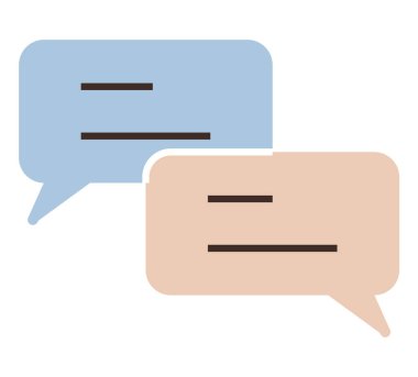 Mavi ve bej renkli iki basit konuşma balonu ve diyaloğu sembolize eden metin satırları. İletişim, mesajlaşma, sohbet, tartışma, etkileşim, müşteri desteği, işbirliği için ideal. Düz renk simgesi