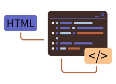 Vurgulanmış HTML etiketleri, gösterilen sözdizimi yapısı ve bağlı programlama ögelerine sahip kodlama penceresi. Web geliştirme, kodlama, programlama, teknoloji rehberleri, eğitim, tasarım yazılımı için ideal. Düz